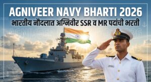 Indian Navy officer salutes with warship & flag. Text: "Agniveer Navy Bharti 2026".